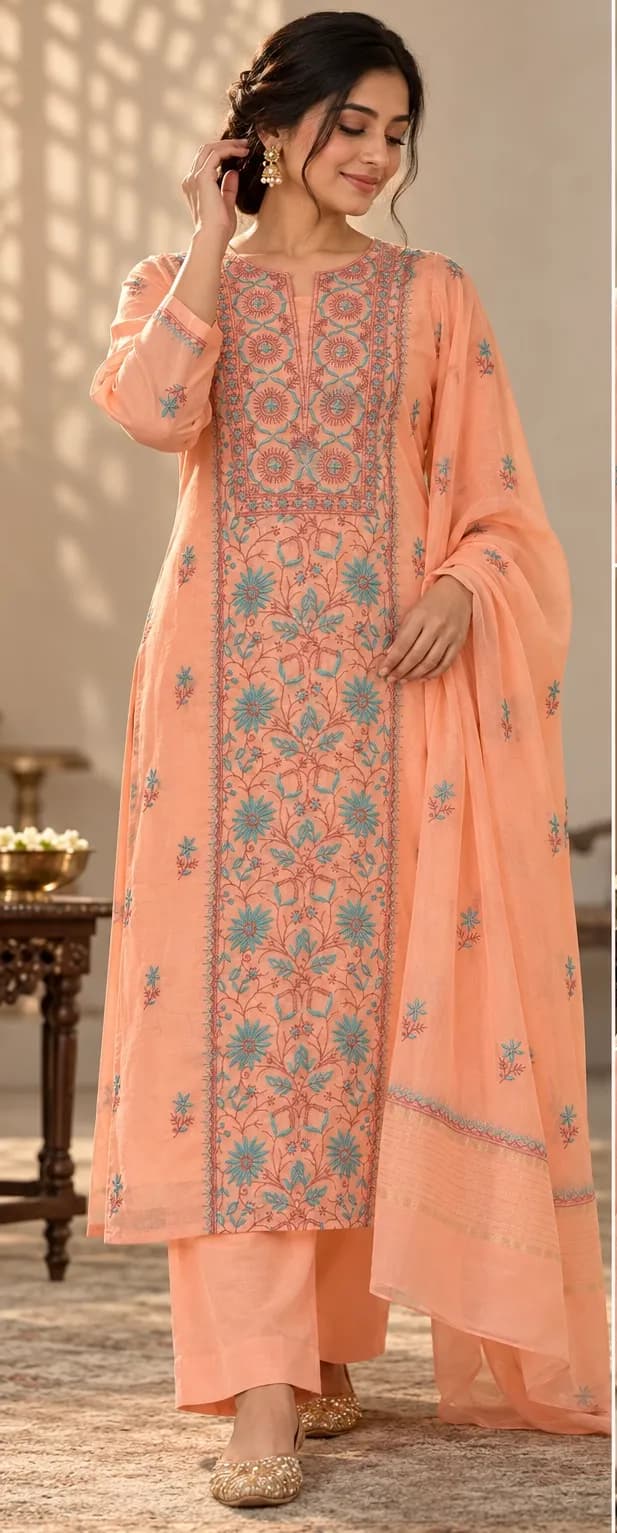 104 | Coral Peach Mul Chikankari Unstitched Suit