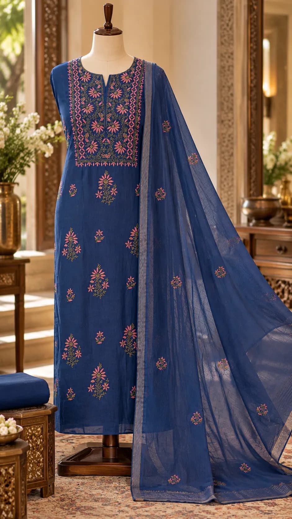 Navy Blue Mul Chikankari Unstitched Suit