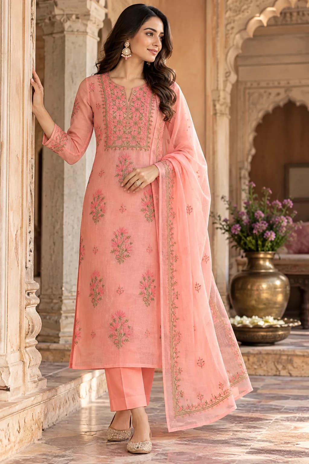 104 | Peach Mul Chikankari Unstitched Suit