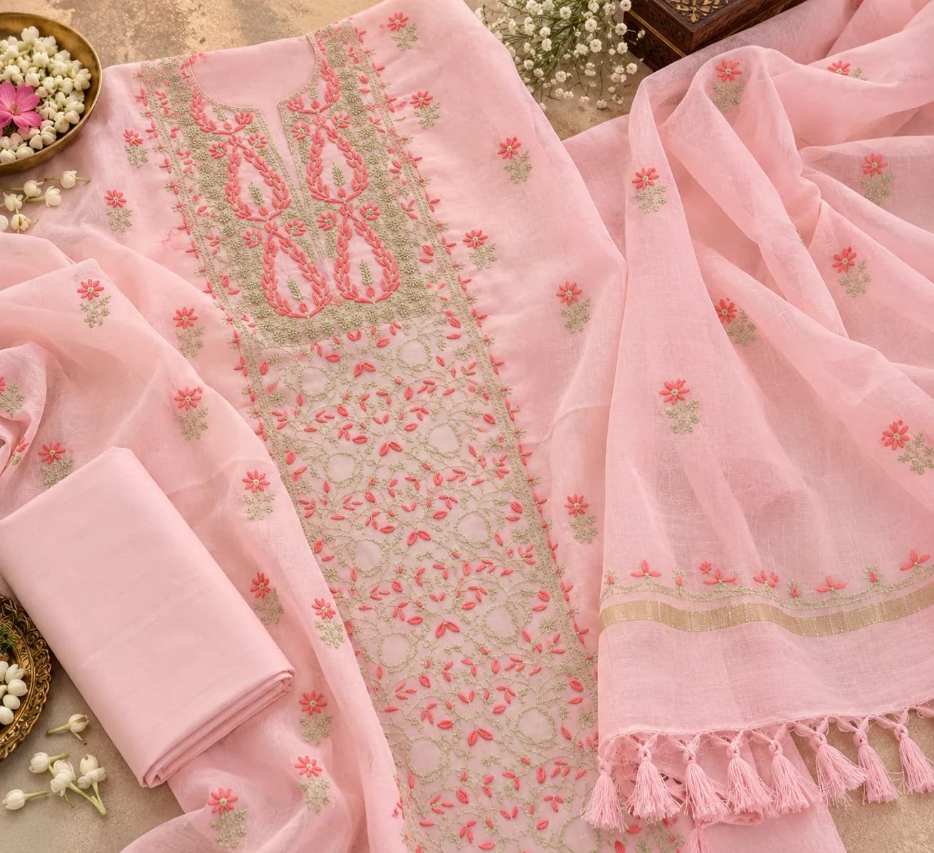 104 | Pink Mul Chikankari Unstitched Suit