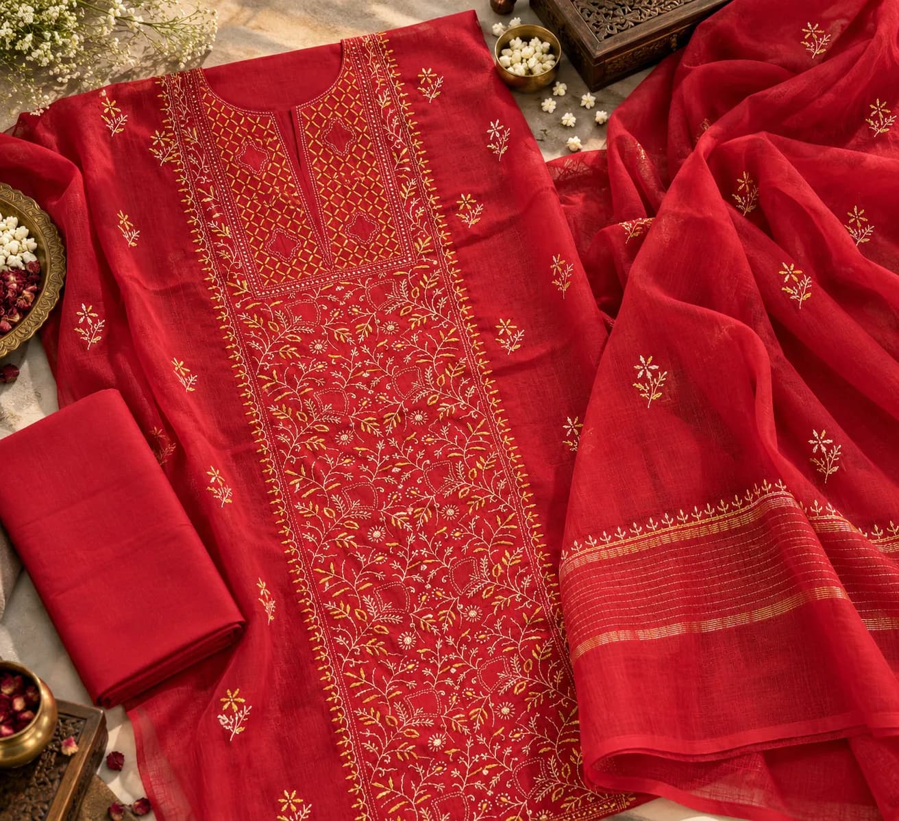 104 | Red Mul chikankari Unstitched Suit