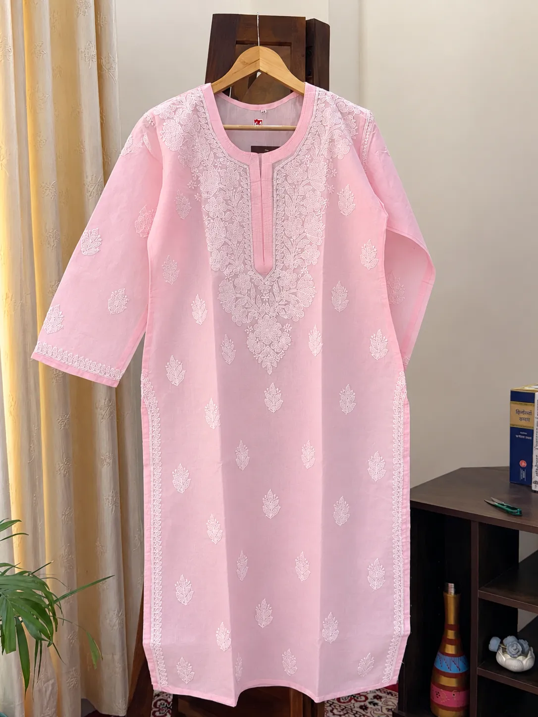 Baby Pink Cotton Chikankari Stitched Kurta