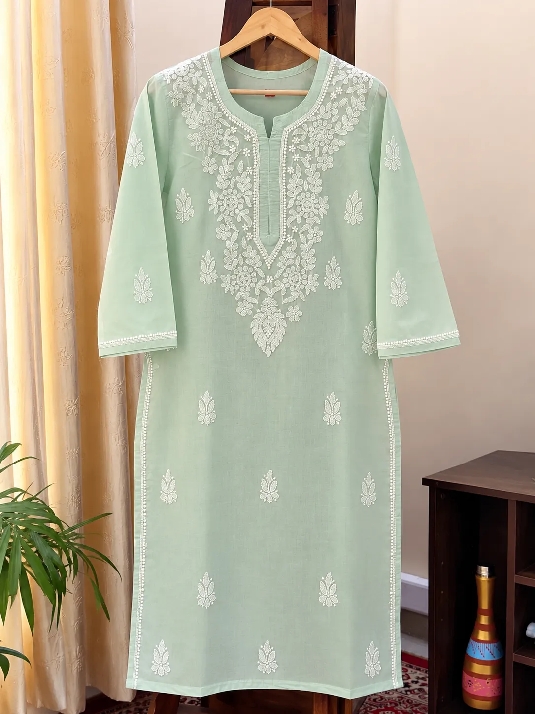 501 | Mint Green Cotton Chikankari Stitched Kurta