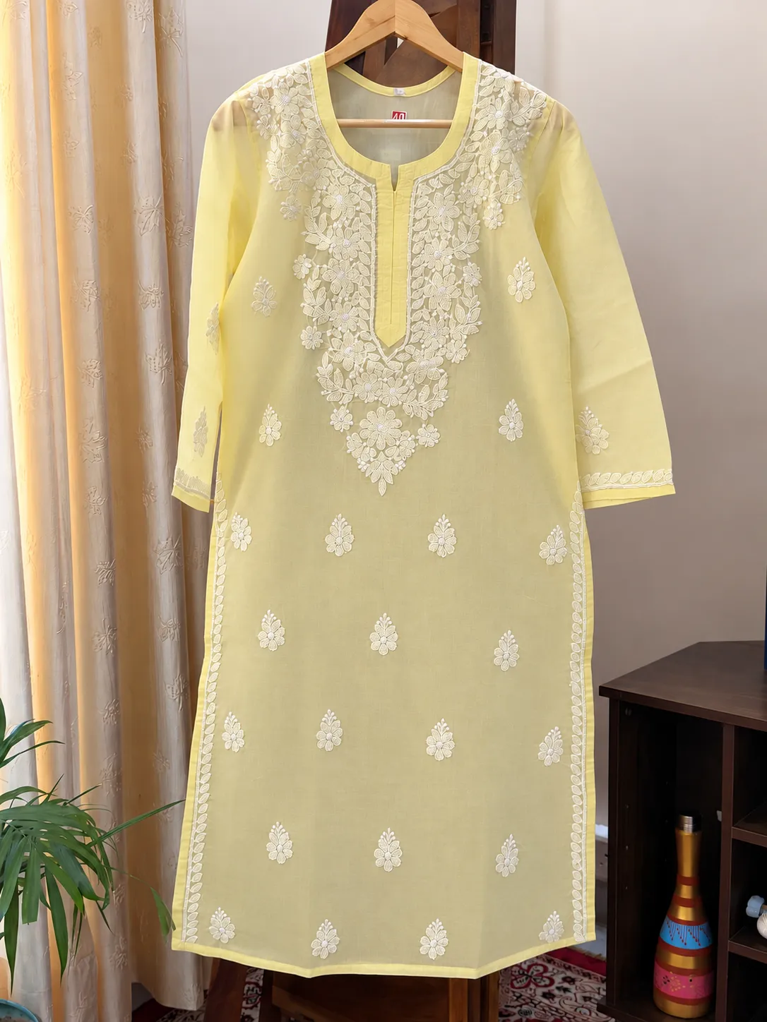 501 | Pale Yellow Cotton Chikankari Stitched Kurta