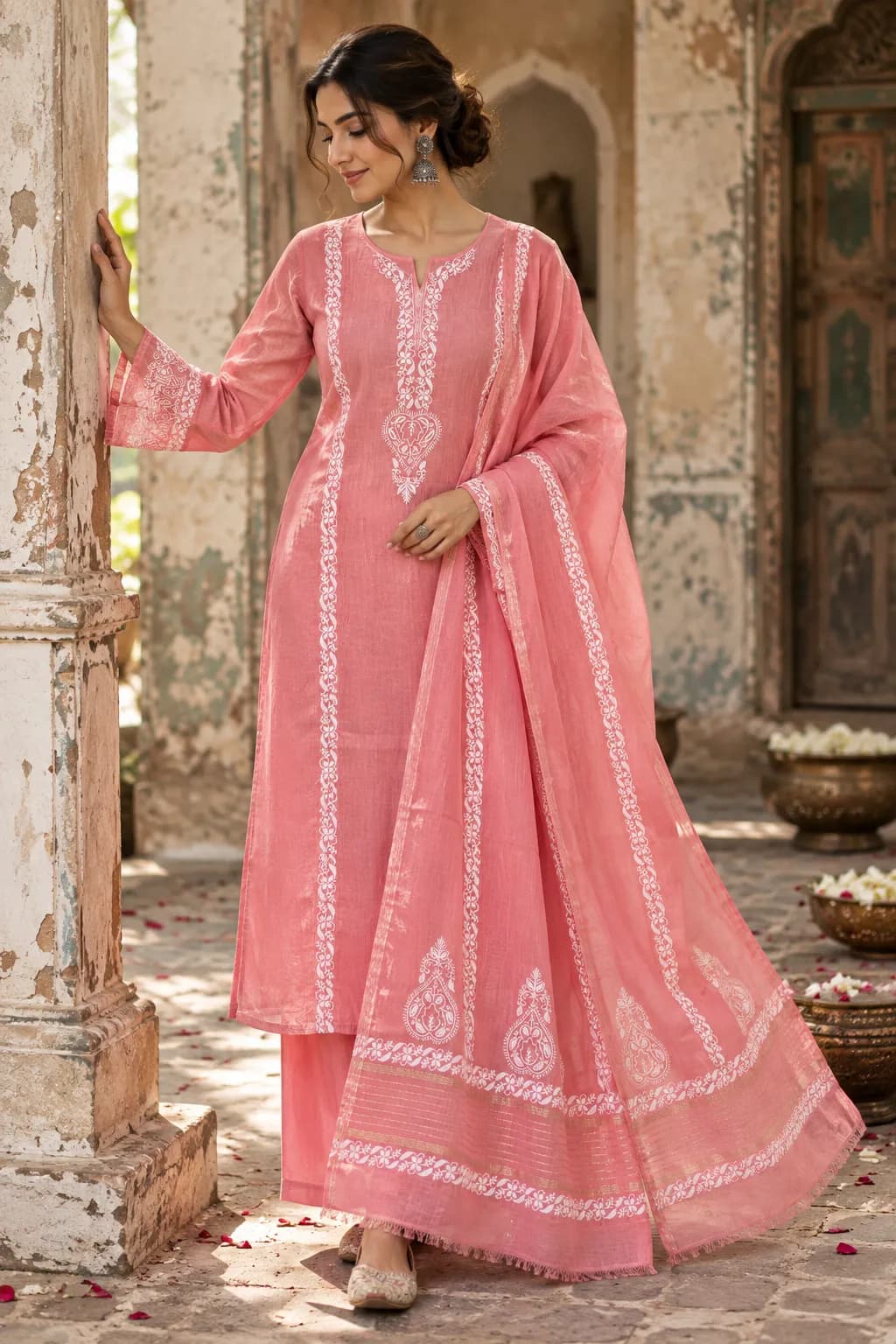 Peach Mul Chikankari with Neckline Kali Unstitched Suit