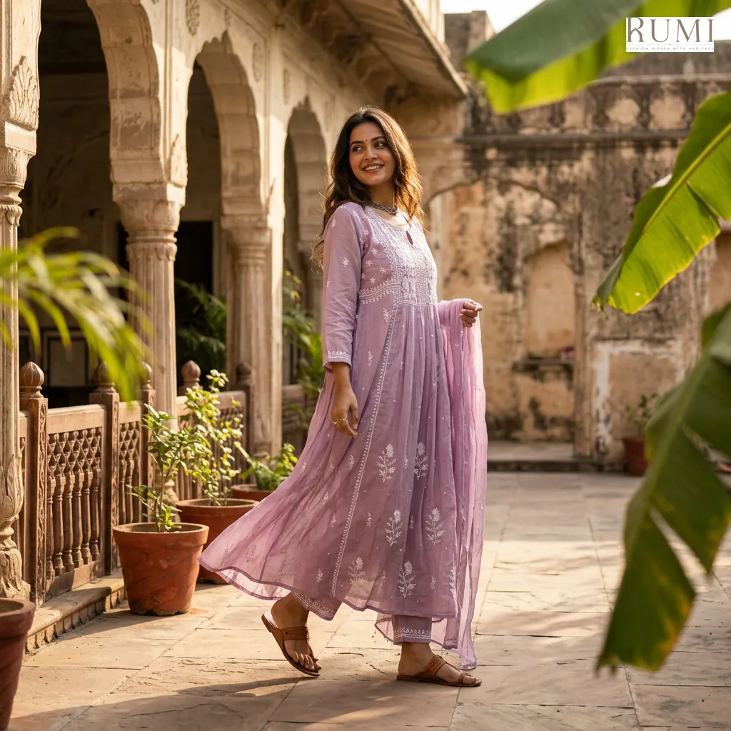 101 | Lavender Mul A-Line with Chikankari Pearl & Cut Dana Semi-stitched Suit, view 1