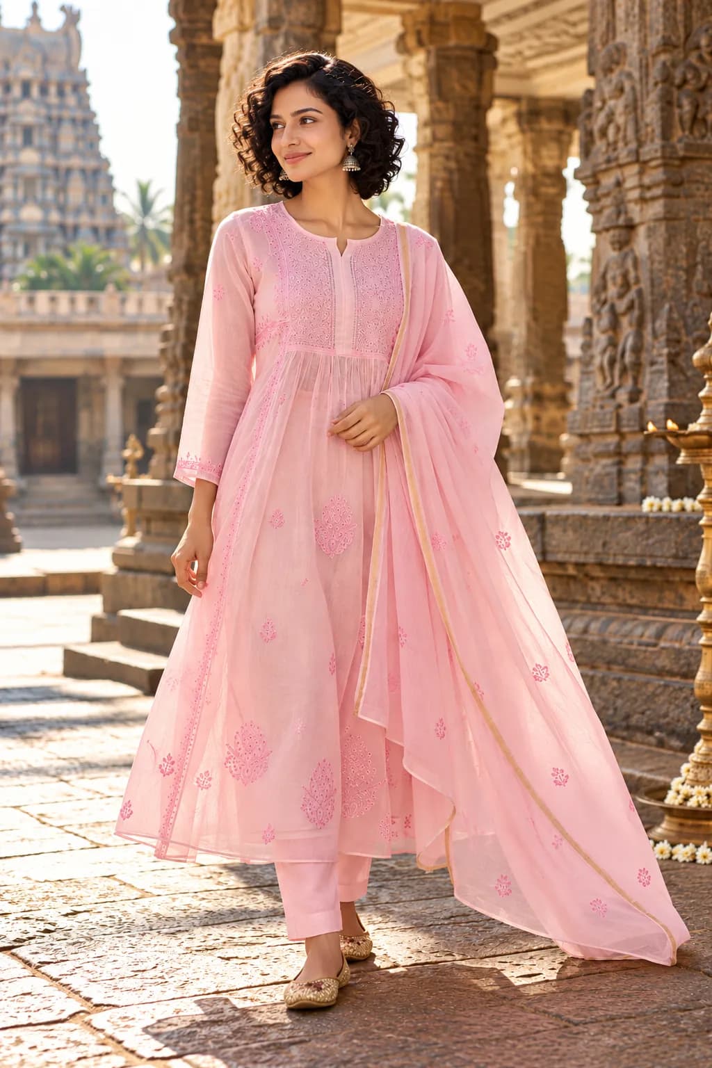 105 | Baby Pink chikankari A Line Chikankari with Mukaish Work Stitched Suit, view 1