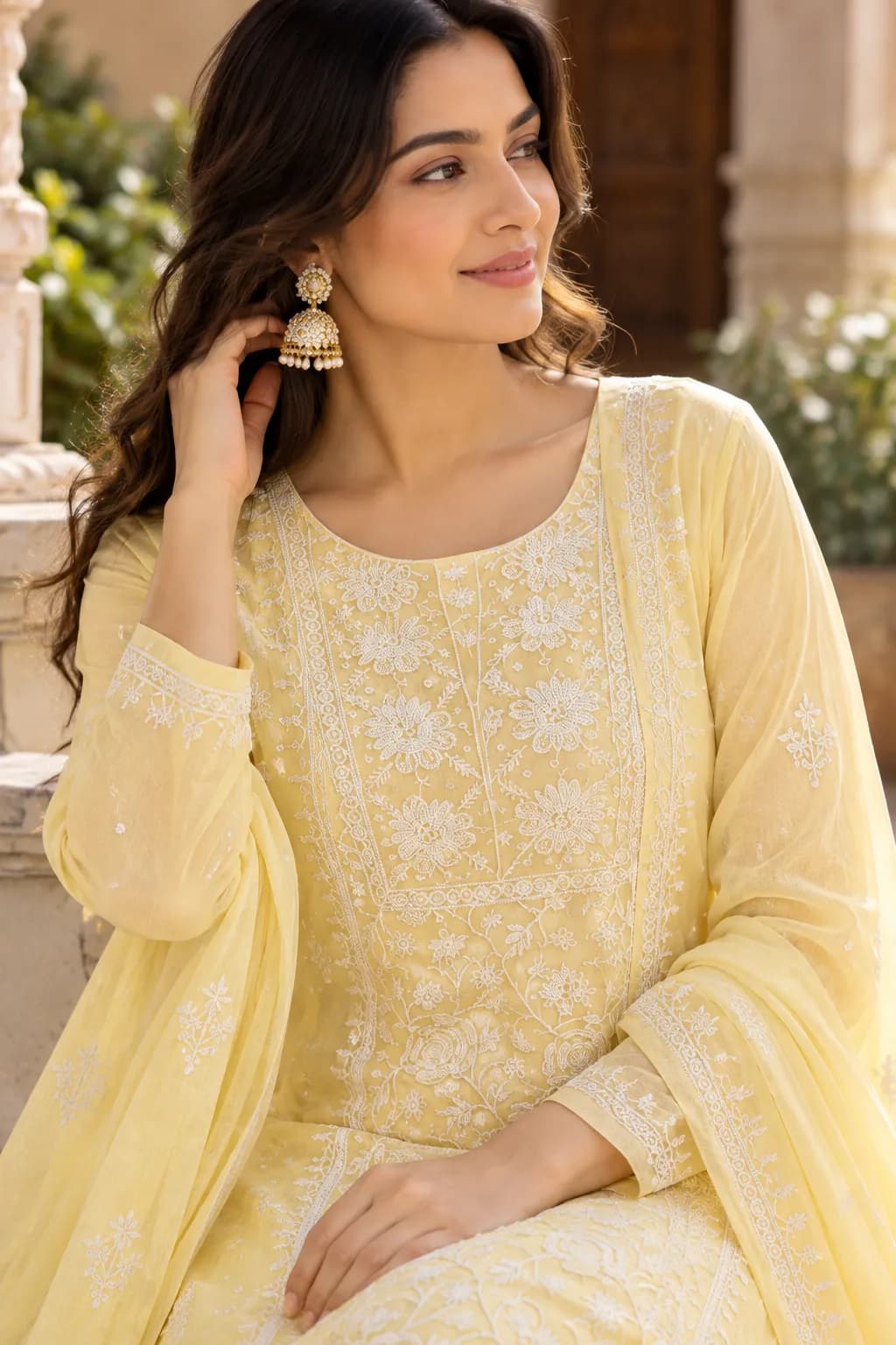 106 | Lemon Chikankari Panel with Pearl & Cut Dana Unstitched Suit