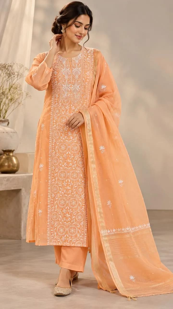 106 | Peach Chikankari Panel with Pearl & Cut Dana Unstitched Suit