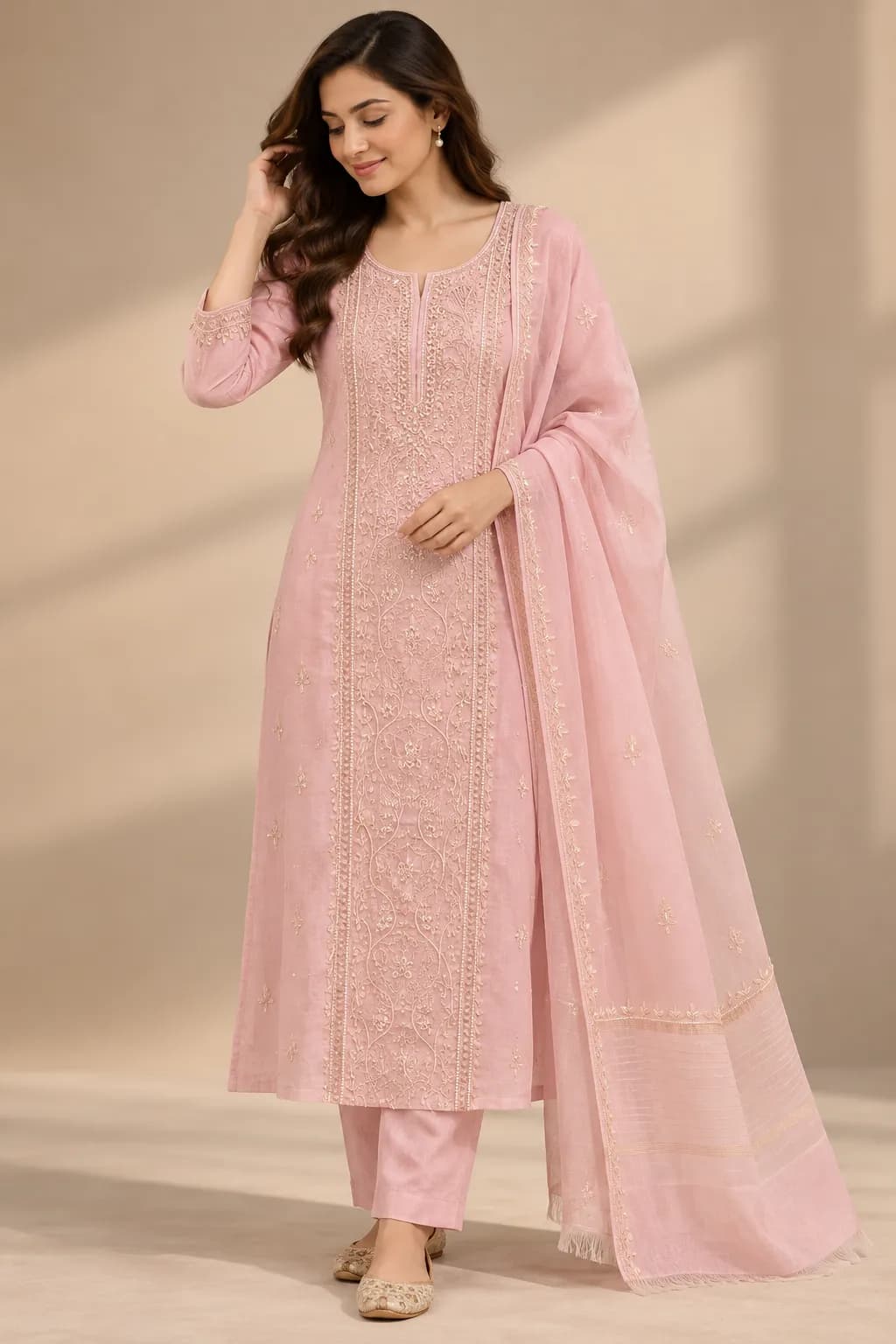 106 | Pink Chikankari Panel with Pearl & Cut Dana Unstitched Suit