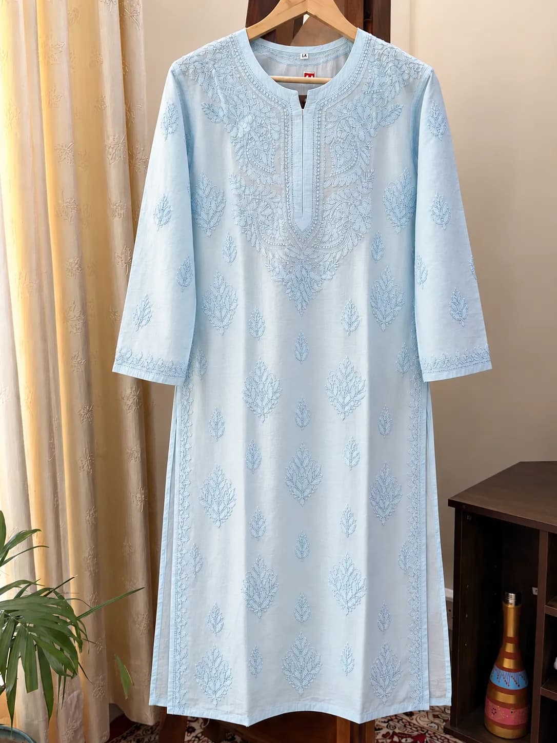 502 | Pastel Blue Chanderi Silk Chikankari Stitched Kurta