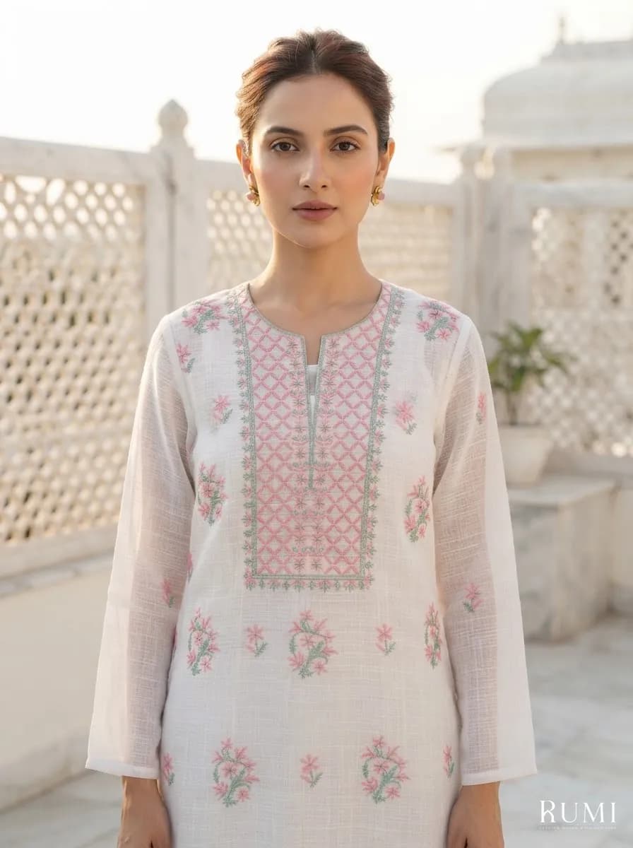 118 | White Kota Cotton with Coloured Thread Chikankari Unstitched Suit