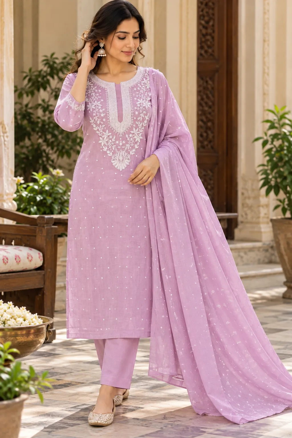119 | Lilac Mul Chikankari with Embellished Neckline Unstitched Suit, view 1
