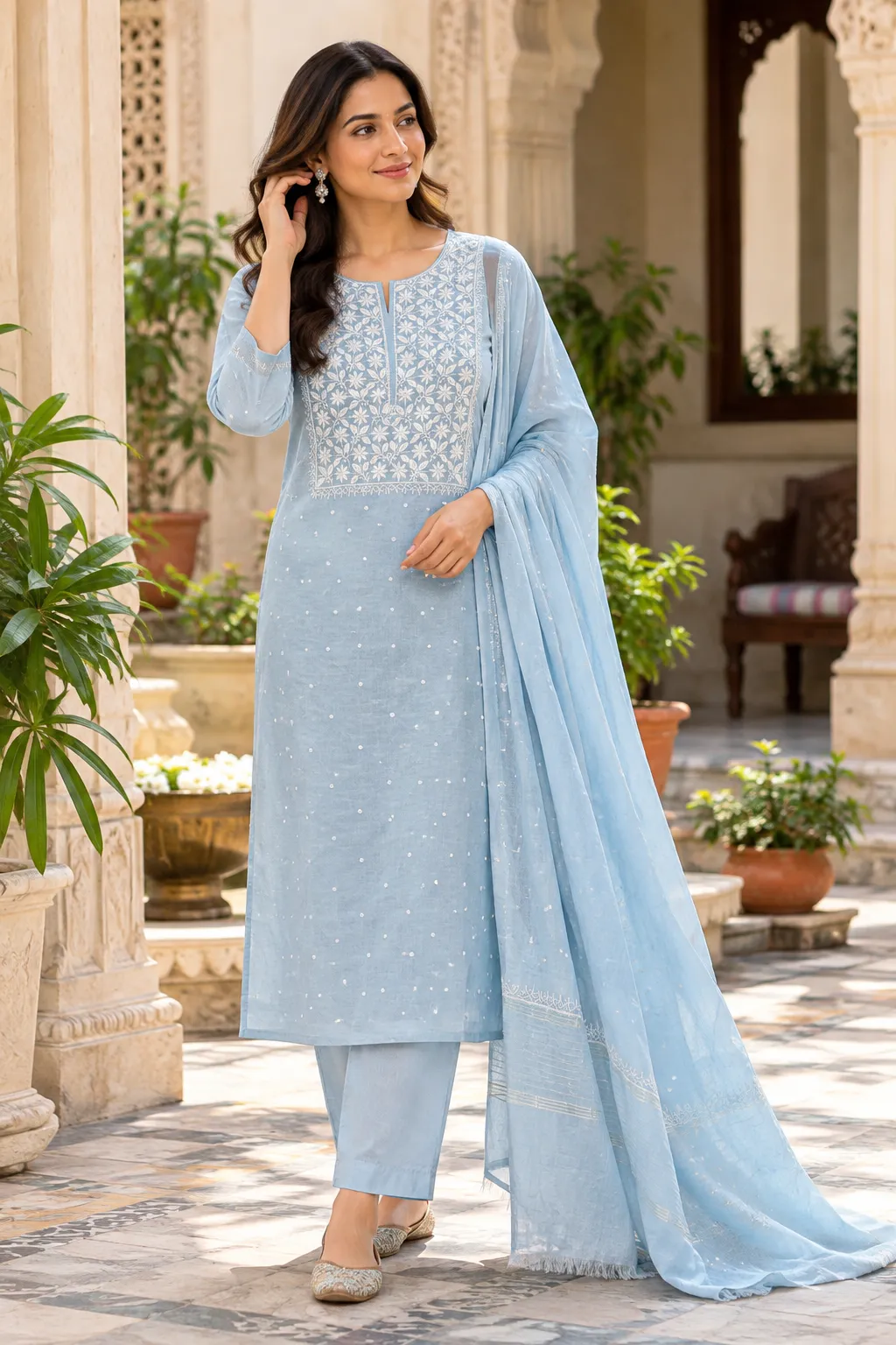 119 | Powder Blue Mul Chikankari with Embellished Neckline Unstitched Suit