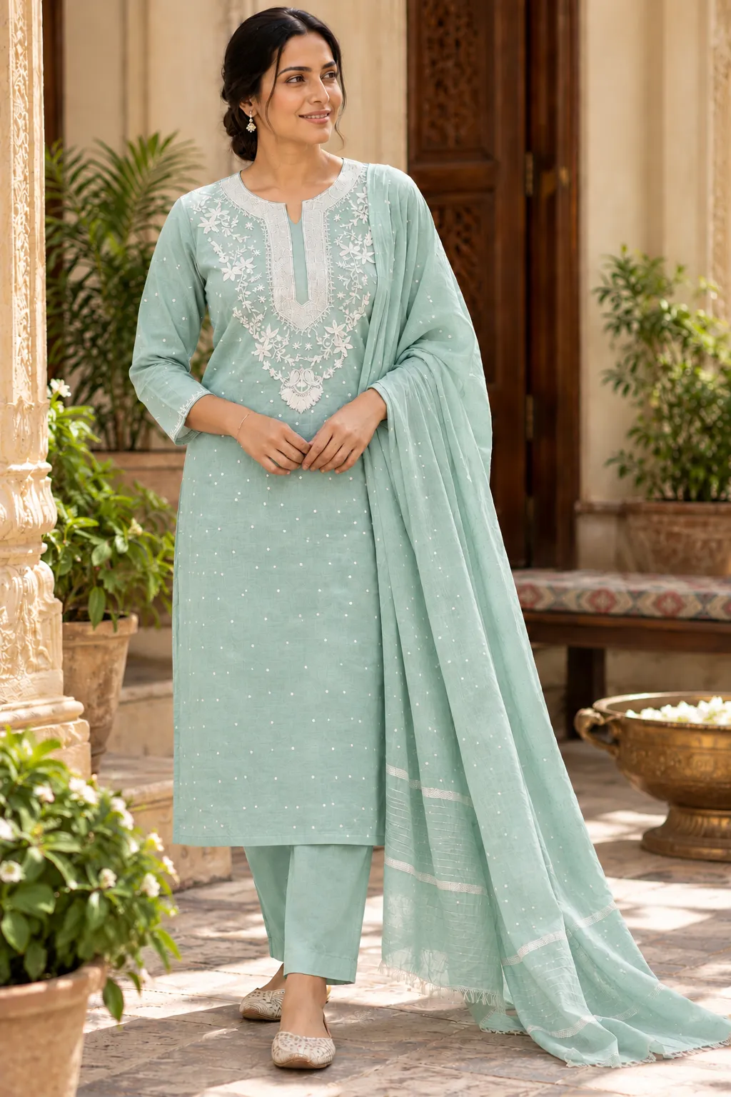 119 | Teal Mist Mul Chikankari with Embellished Neckline Unstitched Suit