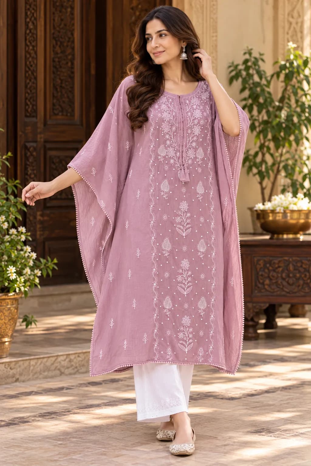 121 | Purple Mul Kaftan with Chikankari, Pearl & Cut Dana Semi-stitched, view 1