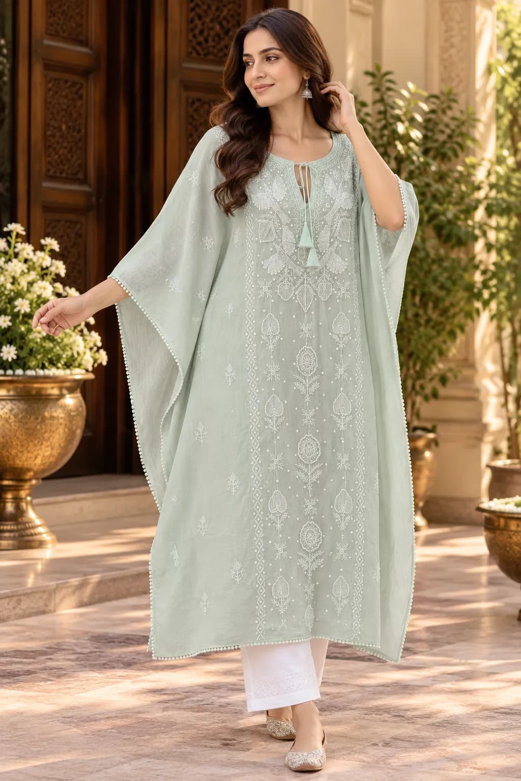 121 | Sea Green Mul Kaftan with Chikankari, Pearl & Cut Dana Semi-stitched