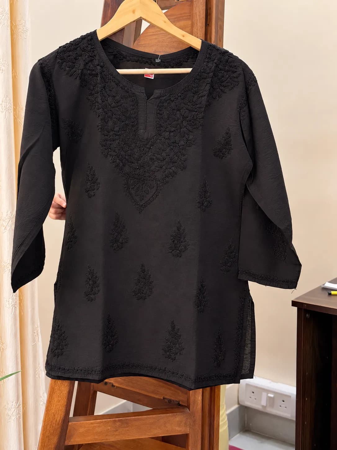 503 | Carbon Black Chanderi Silk Chikankari Short Kurti
