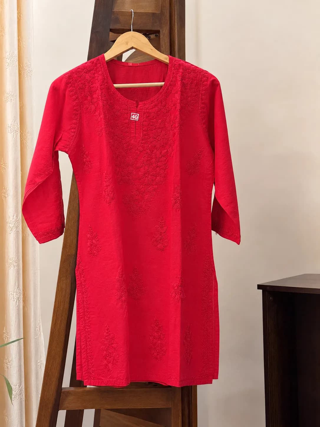 503 | Cherry Red Chanderi Silk Chikankari Short Kurti