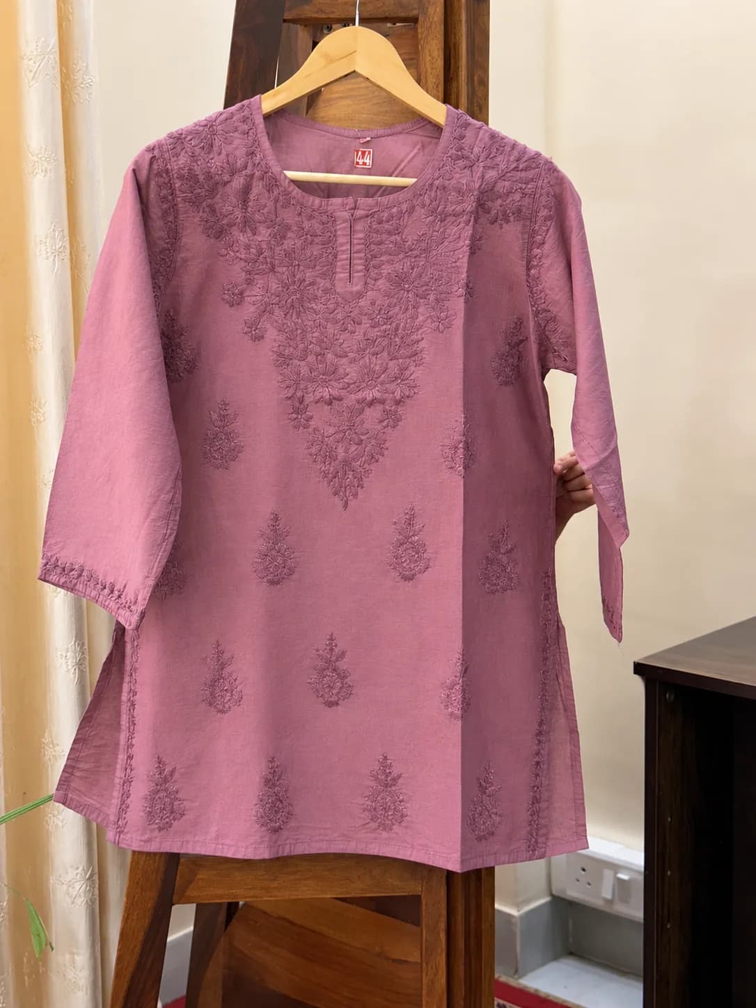 503 | Dark Wine Chanderi Silk Chikankari Short Kurti