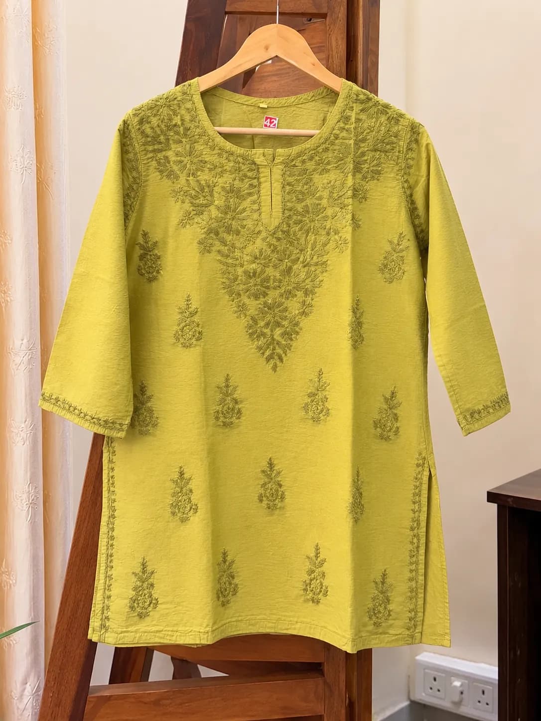 503 | Mehndi Green Chanderi Silk Chikankari Short Kurti