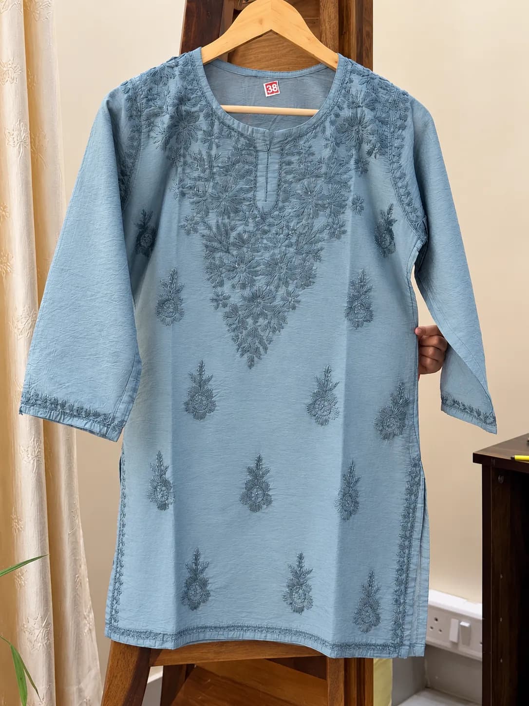 503 | Metal Grey Chanderi Silk Chikankari Short Kurti