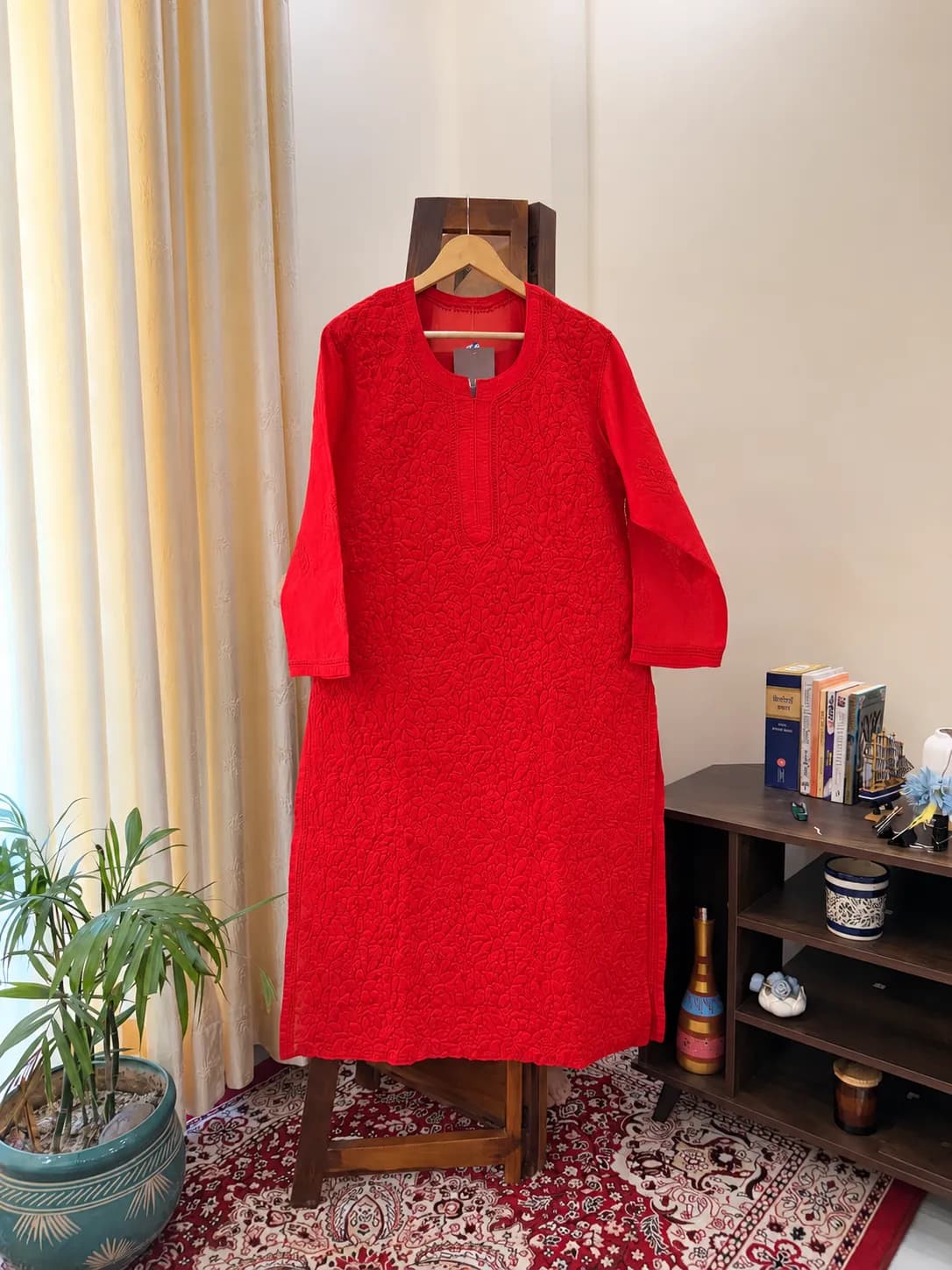 504 | Ferrari Red Cotton Full Work Chikankari Stitched Kurta, view 1