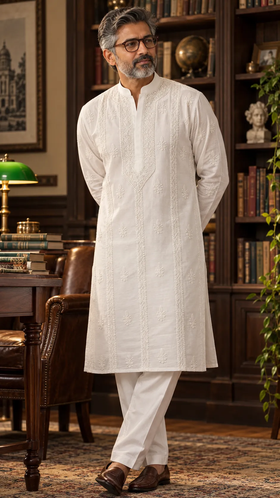 127 | Unisex White Lawn Cotton Kurta Unstitched Fabric with Chikankari