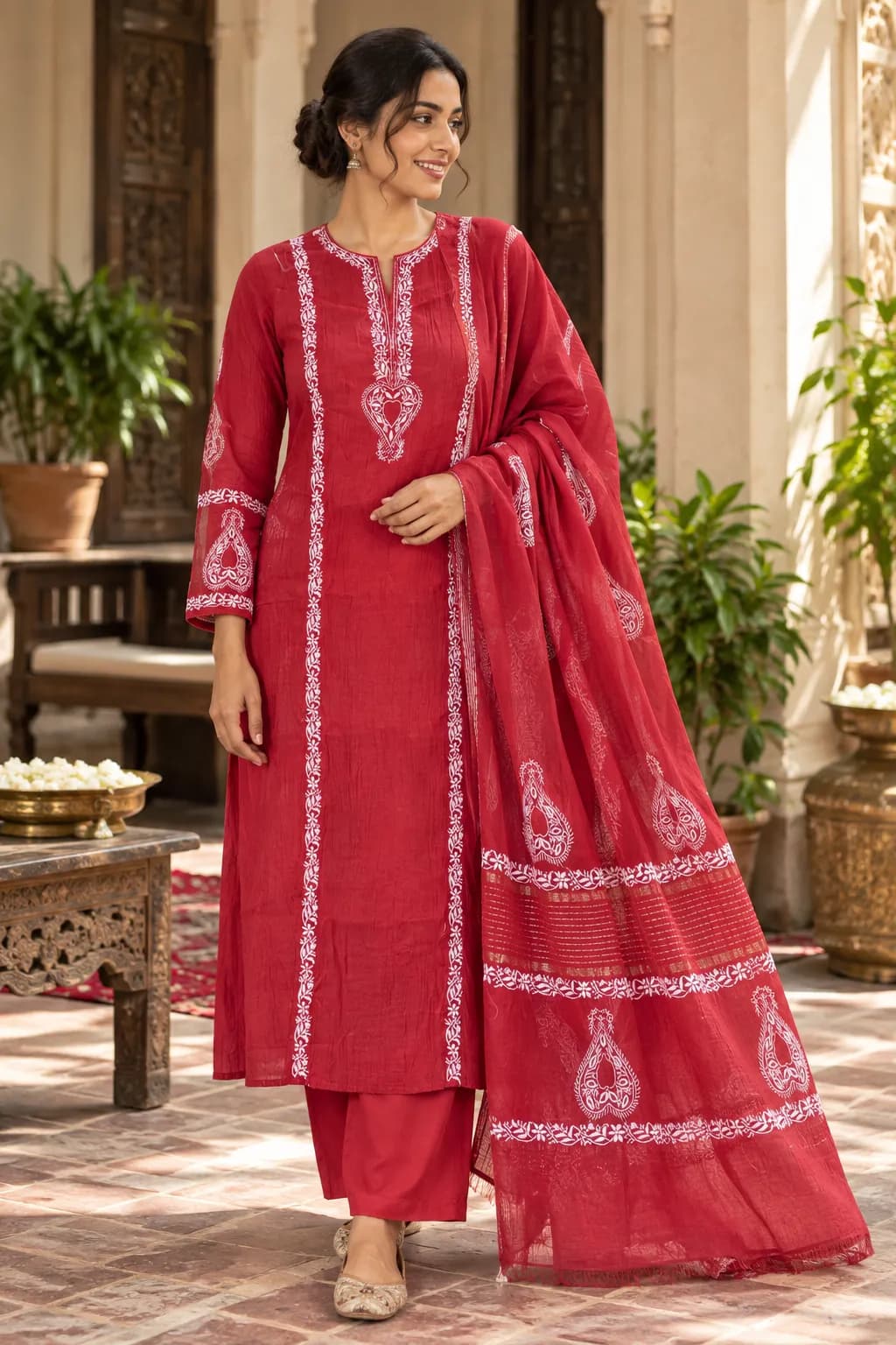 132 | Red Mul Chikankari with Neckline Kali Unstitched Suit