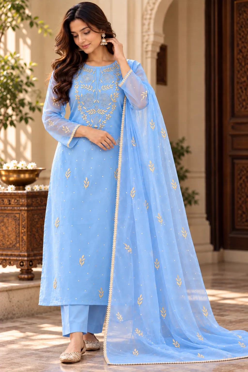 133 | Powder Blue Organza with Pitta Work Unstitched Suit
