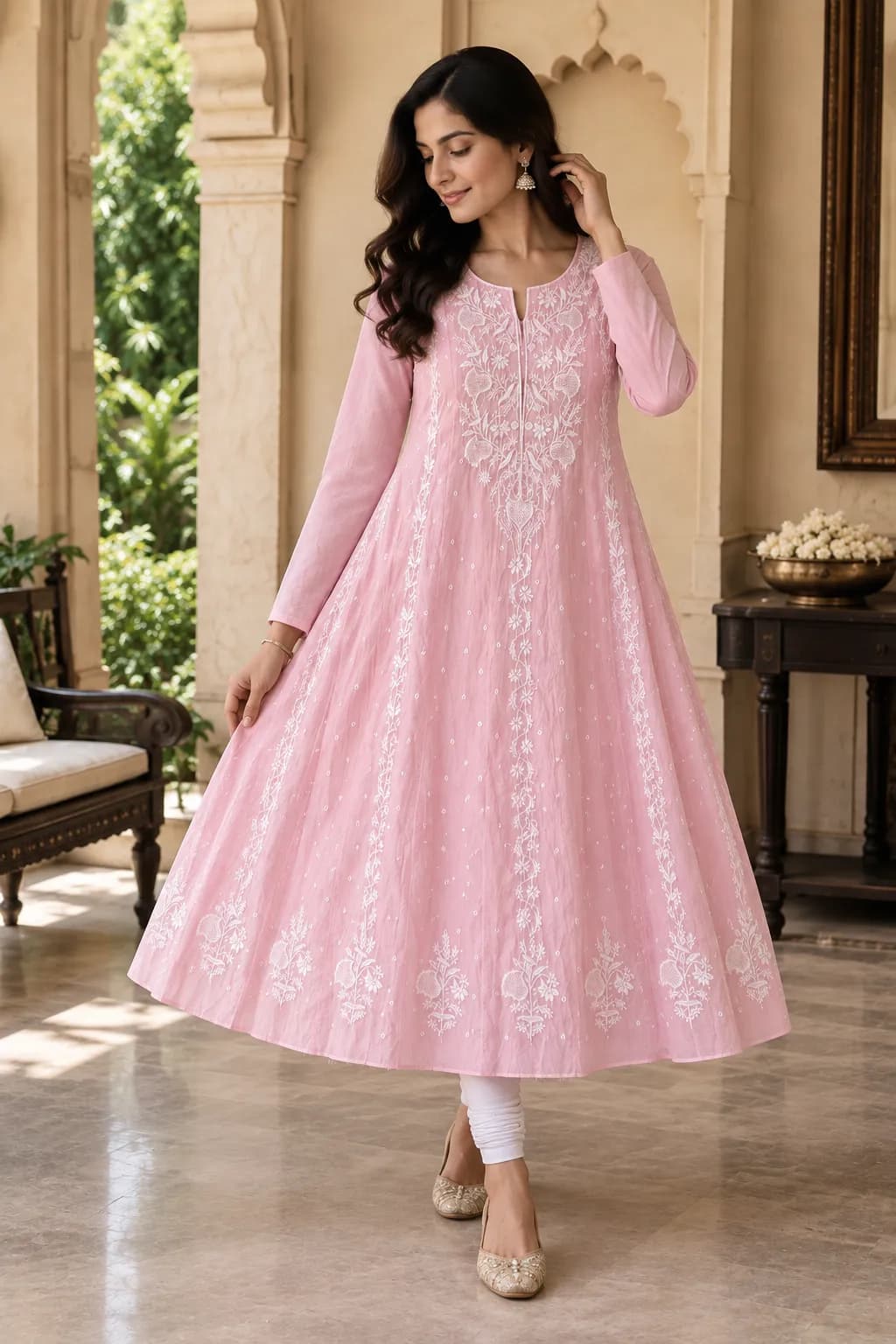 134 | Baby Pink Anarkali in Mul with Chikankari, Pearl & Cut Dana Semi-stitched