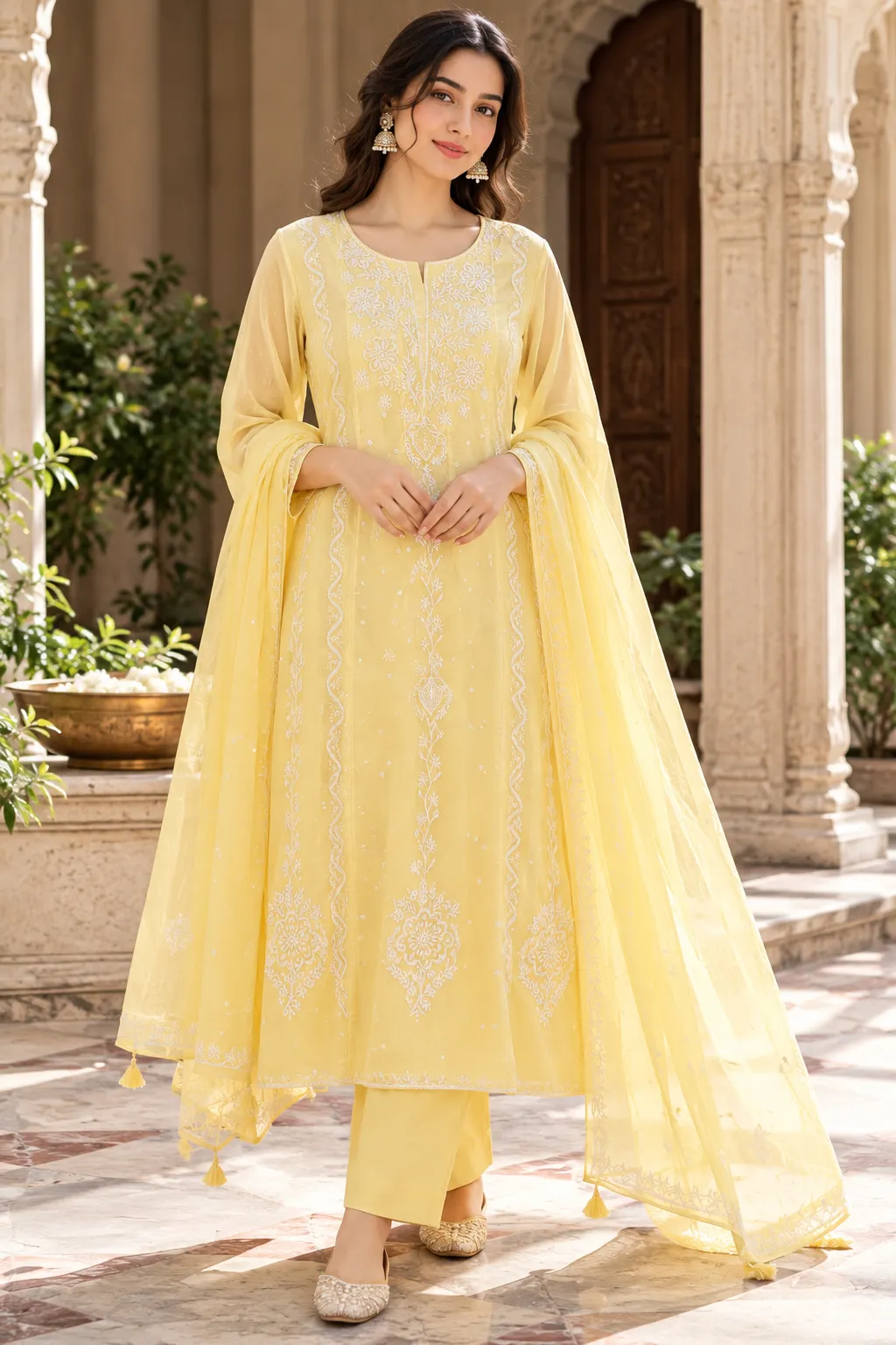 134 | Daisy Yellow Anarkali in Mul with Chikankari, Pearl & Cut Dana Semi-stitched