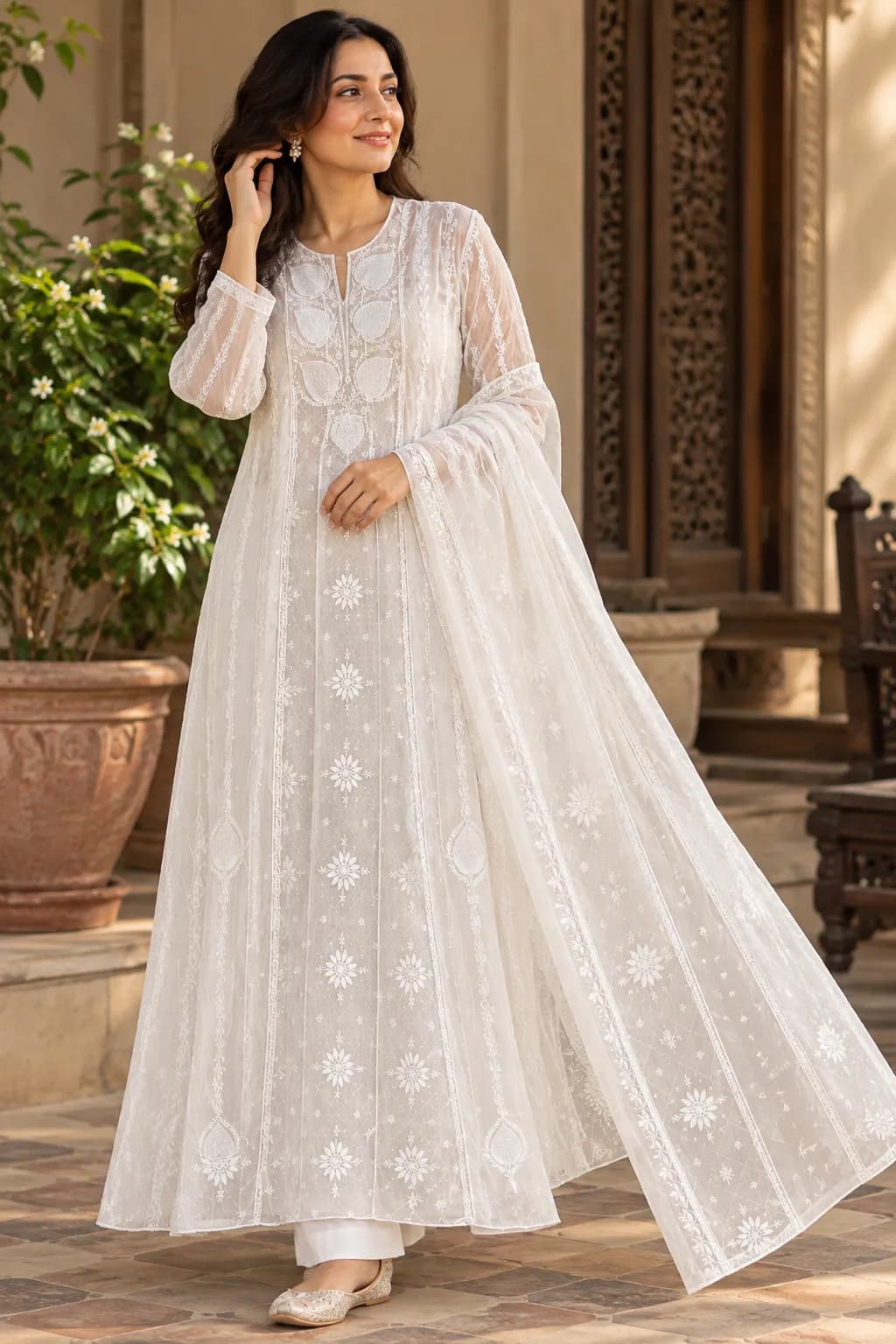 135 | White Anarkali in Mul with Chikankari, Pearl & Cut Dana (Leaf Design)
