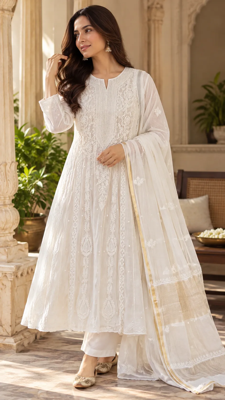 135 | White Anarkali in Mul with Chikankari, Pearl & Cut Dana (Flower Design)