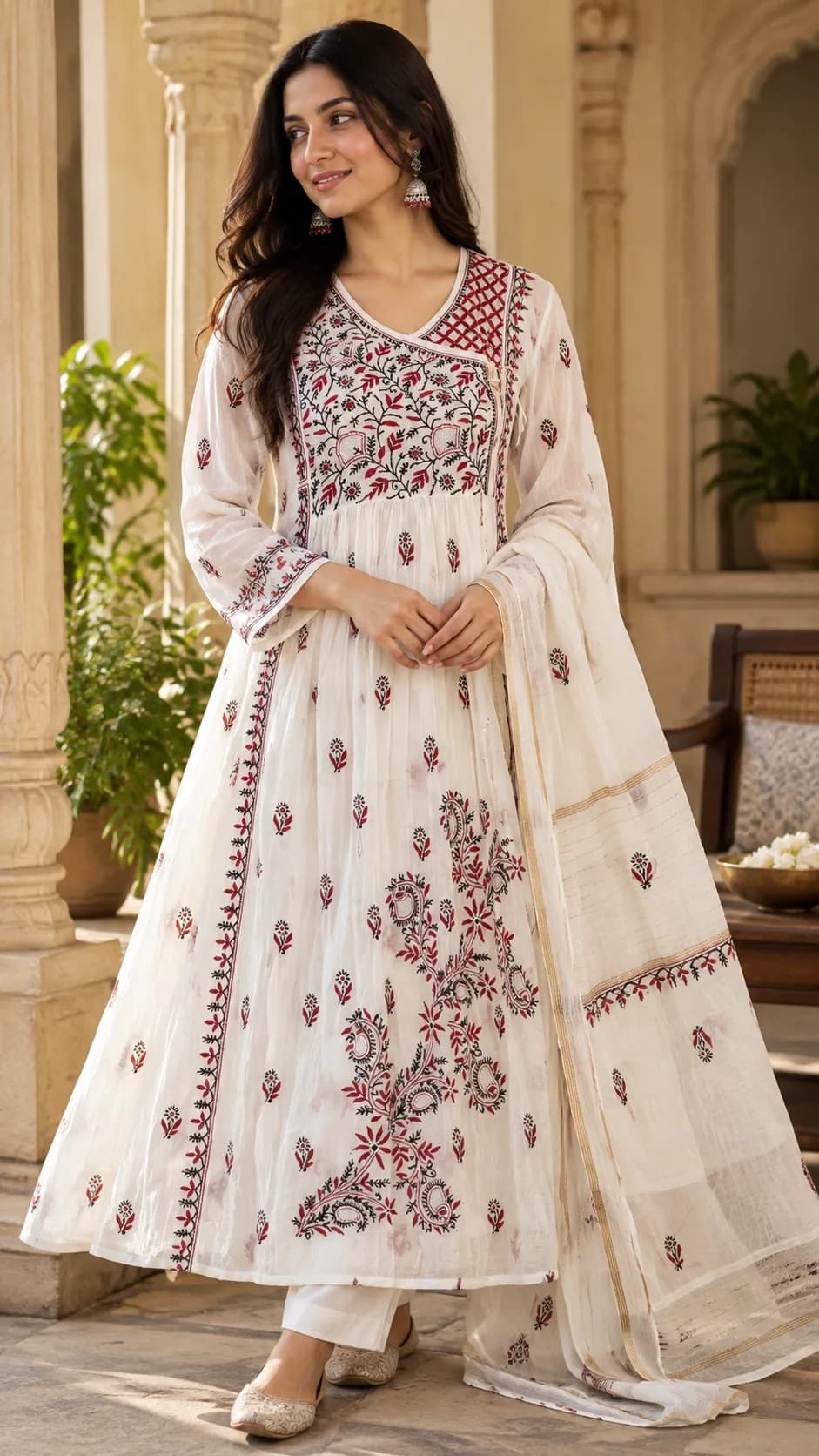 136 | White Angrakha in Mul with red & Black Chikankari Semi-stitched, view 1
