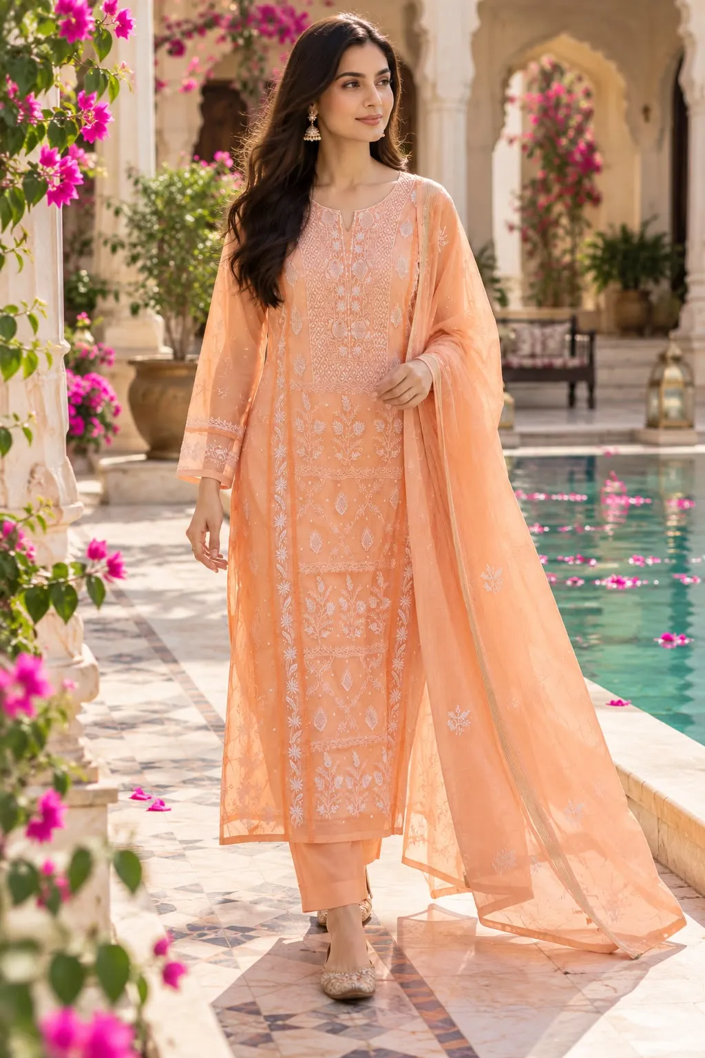 137 | Apricot Peach Mul Panel with Chikankari, Pearl, Cut Dana & Lace Unstitched Suit