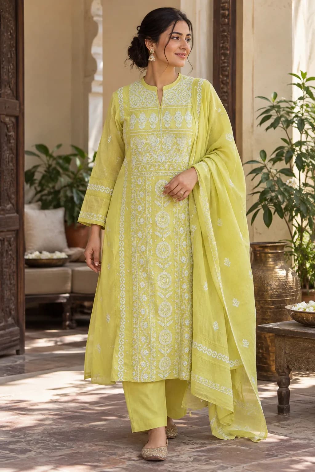 137 | Mehndi Green Mul Panel with Chikankari, Pearl, Cut Dana & Lace Unstitched Suit, view 1