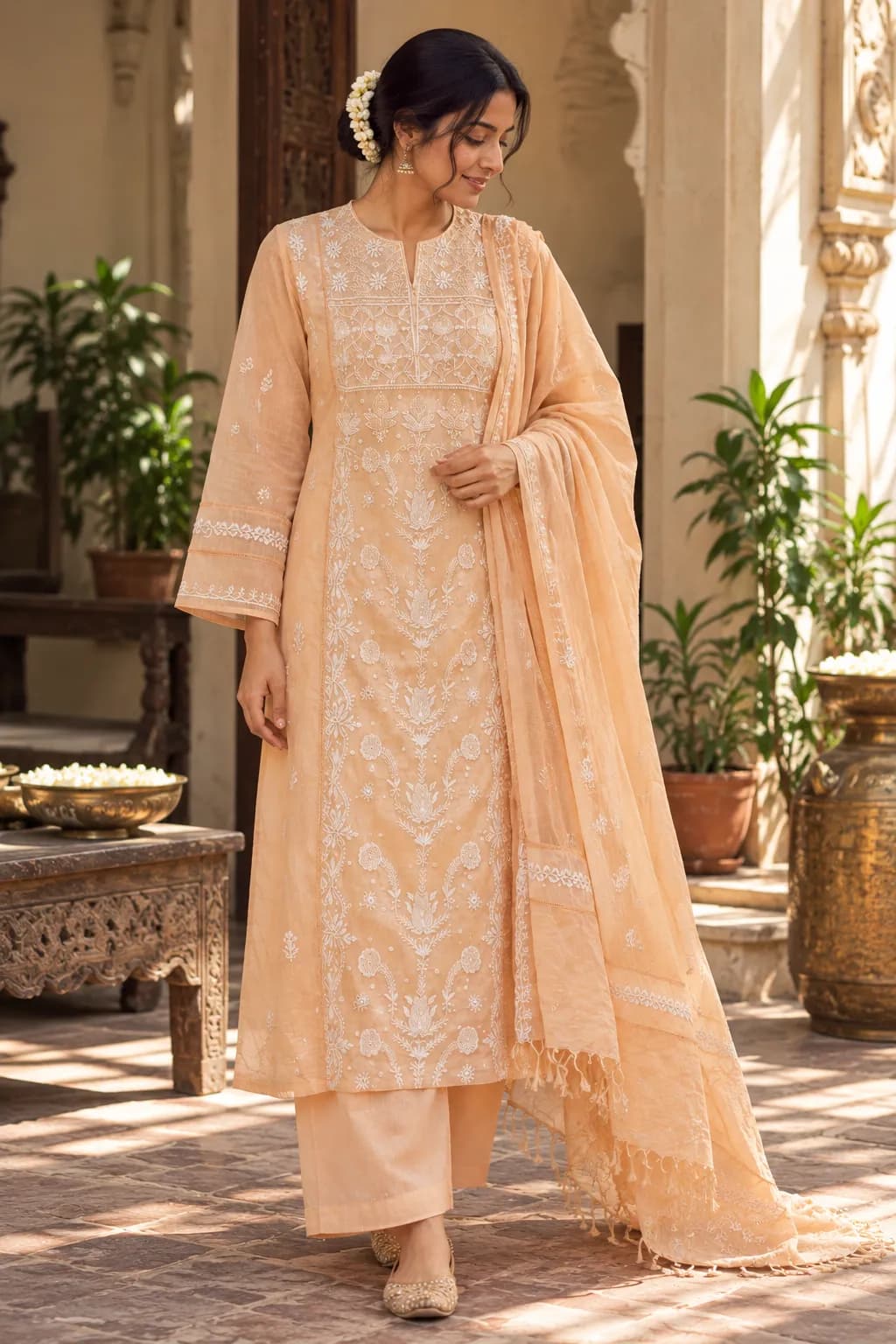 137 | Peach Mul Panel with Chikankari, Pearl, Cut Dana & Lace Unstitched Suit, view 1