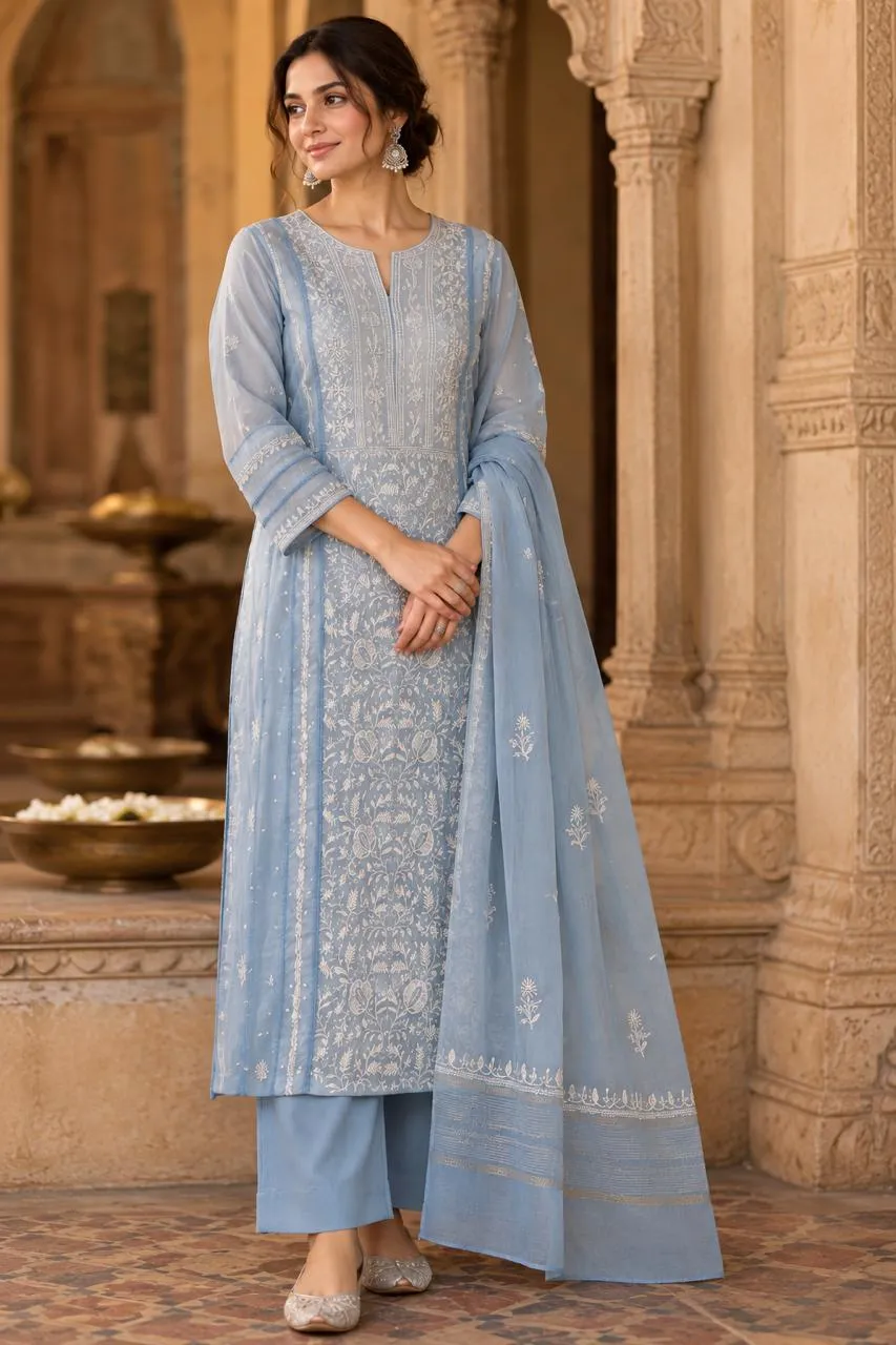 137 | Powder Blue Mul Panel with Chikankari, Pearl, Cut Dana & Lace Unstitched Suit