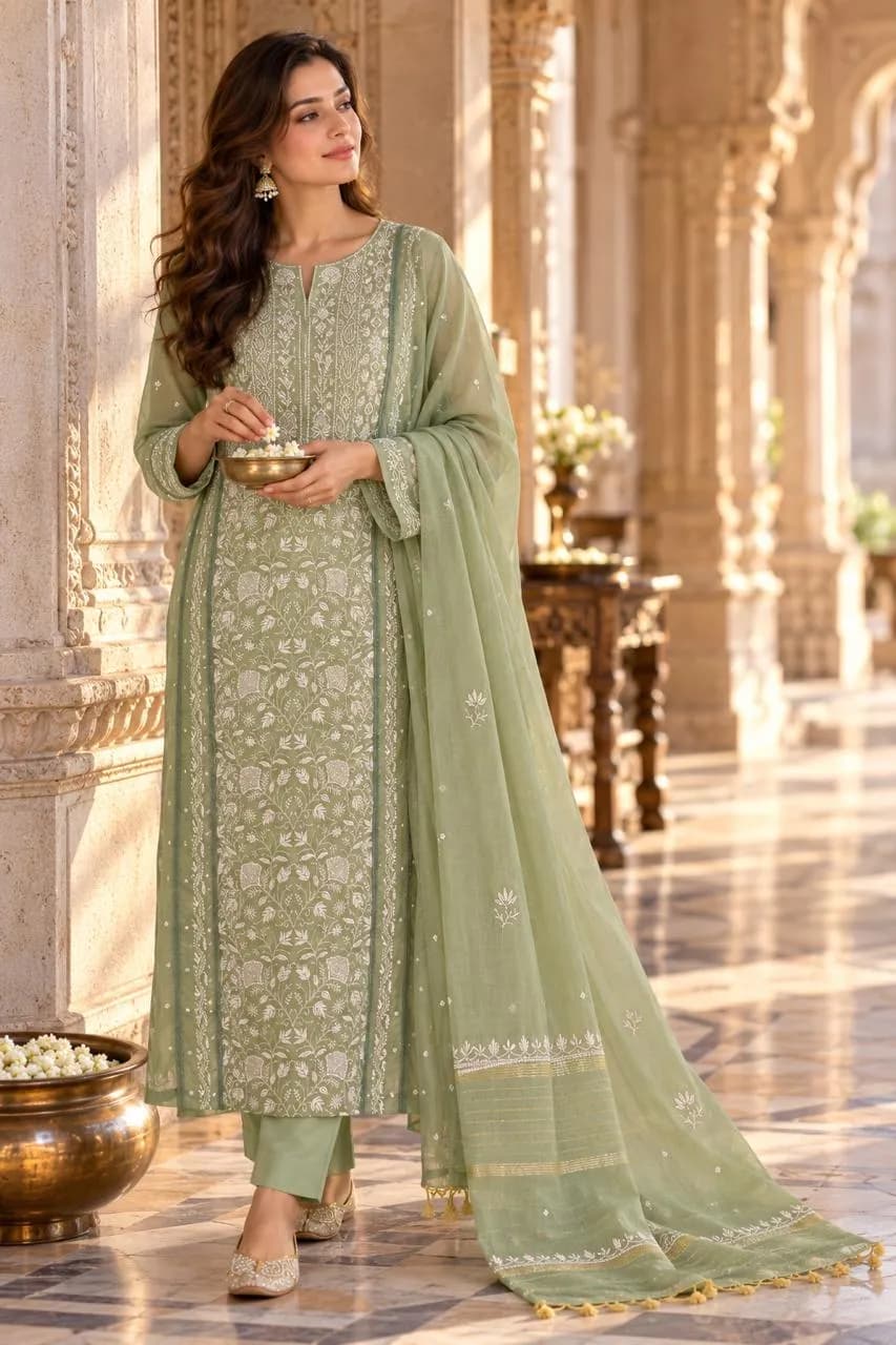 137 | Sage Green Mul Panel with Chikankari, Pearl, Cut Dana & Lace Unstitched Suit