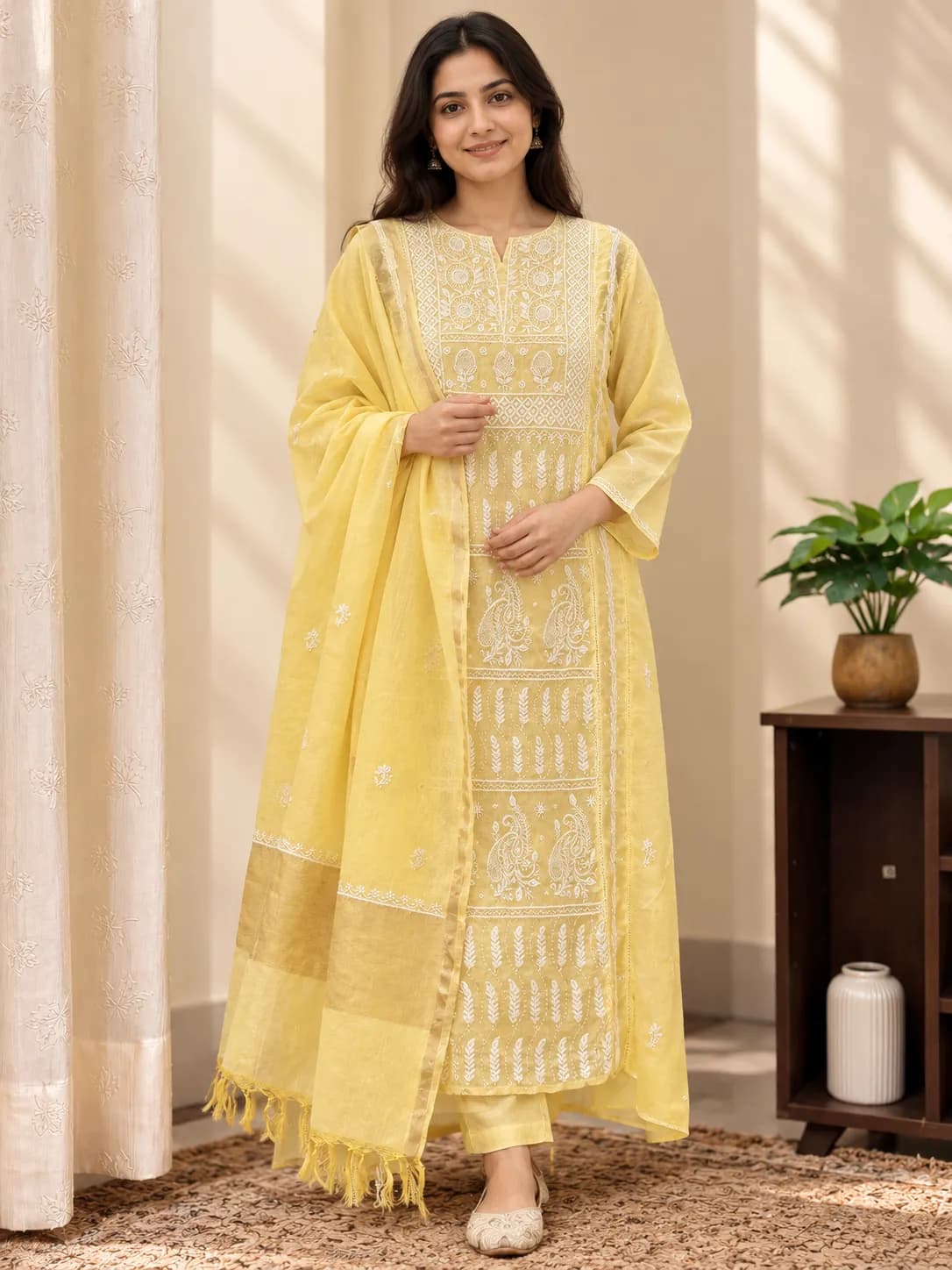 137 | Yellow Mul Panel with Chikankari, Pearl, Cut Dana & Lace Unstitched Suit, view 1