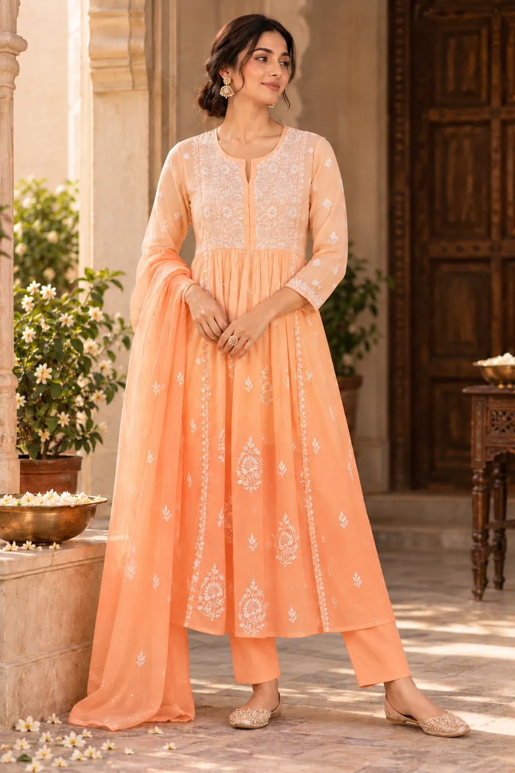 138 | Peach Mul A-Line Chikankari with Mukaish Unstitched Suit, view 1