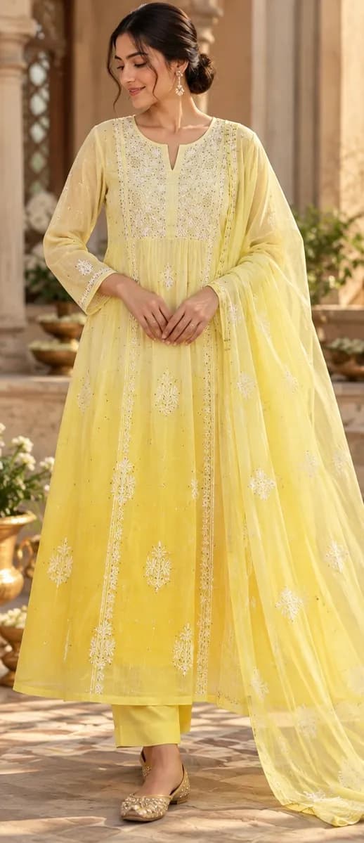 138 | Yellow Mul A Line Chikankari with Mukaish Unstitched Suit, view 1