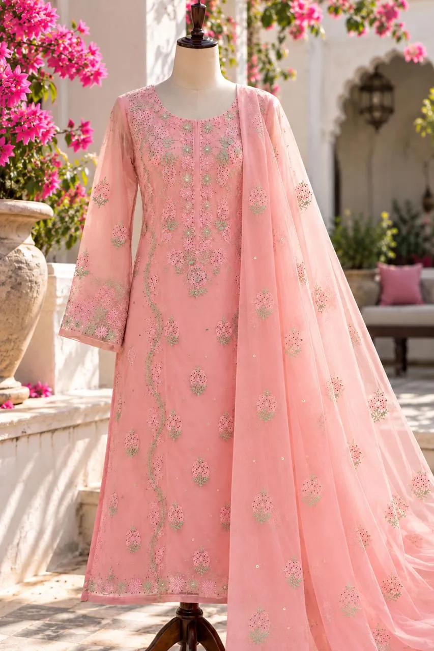 139 | Pink Pure Organza with Chikankari & Mukaish Unstitched Suit