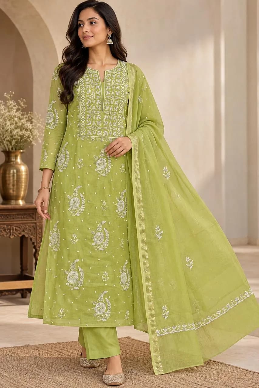 140 | Leafy Green Mul with Chikankari, Pearl & Cut Dana Unstitched Suit, view 1