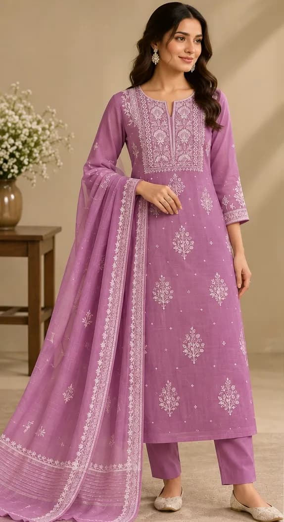 140 | Orchid Mauve Mul with Chikankari, Pearl & Cut Dana Unstitched Suit