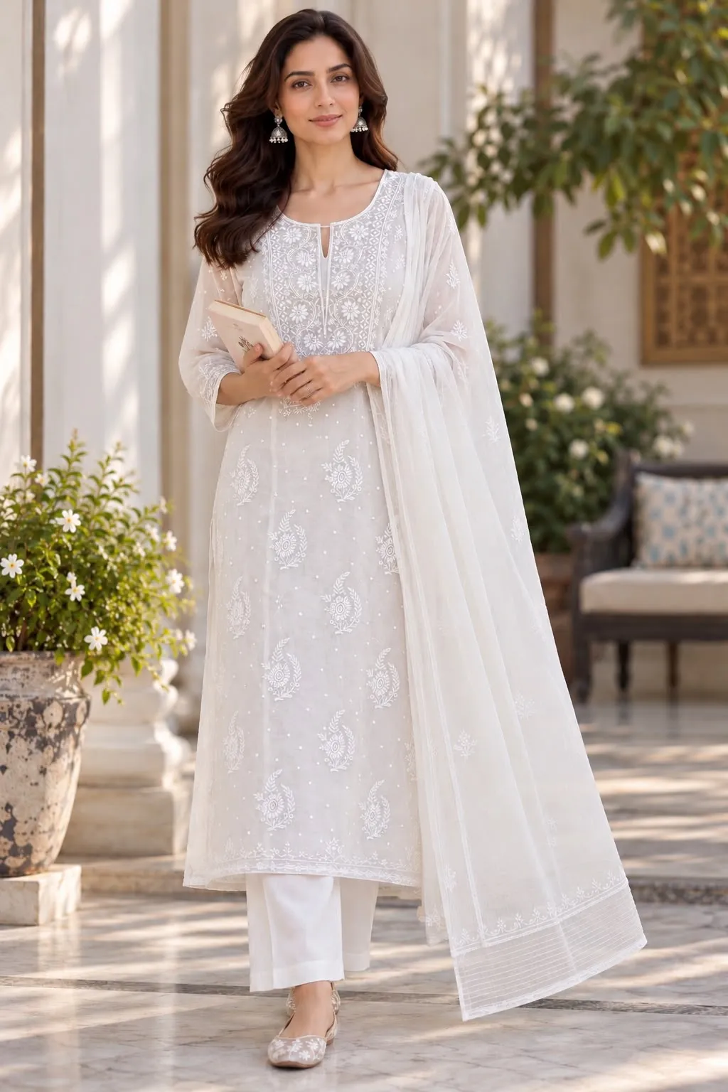 140 | White Mul with Chikankari, Pearl & Cut Dana Unstitched Suit