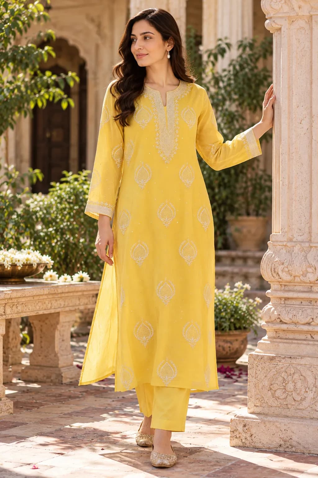 141 | Yellow Mul with Chikankari Jaali Unstitched Suit