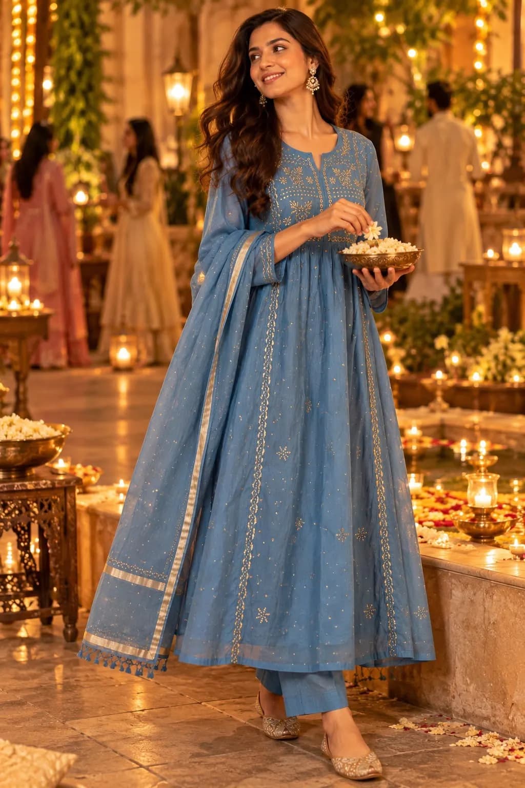 142 | Celtic Blue Mul A-Line with Mukaish & Pitta Work Semi-stitched Suit, view 1