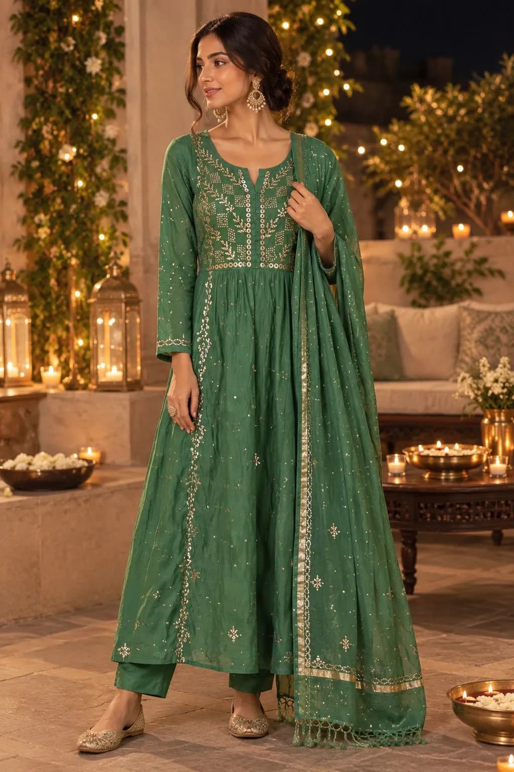 142 | Emerald Green Mul A-Line with Mukaish & Pitta Work Semi-stitched Suit, view 1